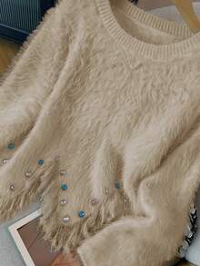 GlowEve pull col rond ajusté avec strass, fait main, en fausse fourrure de vison douce et confortable, avec ourlet asymétrique à franges. Décontracté pour tous les jours, automne/hiver - Nude - Voir 6