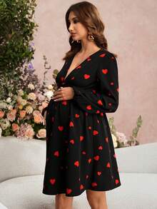 SHEIN Maternity Clothes Maternity  Dress Spring And Summer Pregnant Clothes Black Dress Lace V-Neck  Elegant Party Valentine's Day - Red and Black - View 6