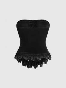ROMWE Goth 女士哥特式宫廷优雅天鹅绒蕾丝拼接系带腰部十字架吊坠抹胸上衣 - 黑色 - 查看 2