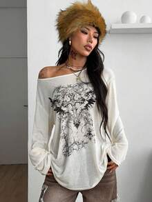 Coolane 女士春季哥特颓废风 Y2K 丘比特图案舒适不对称领口露肩长袖T恤，X Rafael Machado - 白色 - 查看 4