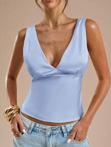 SHEIN BAE Satin Tie Back Tank Top, Suitable For Vacation, Beach , Music Festival , Brunch, Wedding Guest , Bridesmaid , Spring/Summer - Baby Blue - View 6