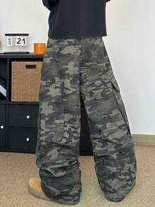 STEELVANCE 街头风迷彩工装裤，系带设计，宽松阔腿牛仔裤 - 軍綠色 - 查看 6