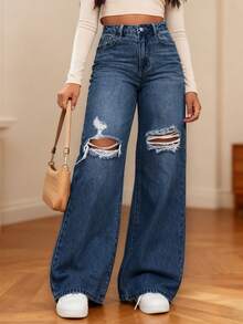 Vaqueros anchos rotos para mujer, con bolsillos, efecto desgastado, talla grande, sin elasticidad, vaqueros rectos de tiro alto, estilo retro moderno, ideales para uso diario, cómodos e informales, ideales para cualquier temporada - Azul - Ver 1