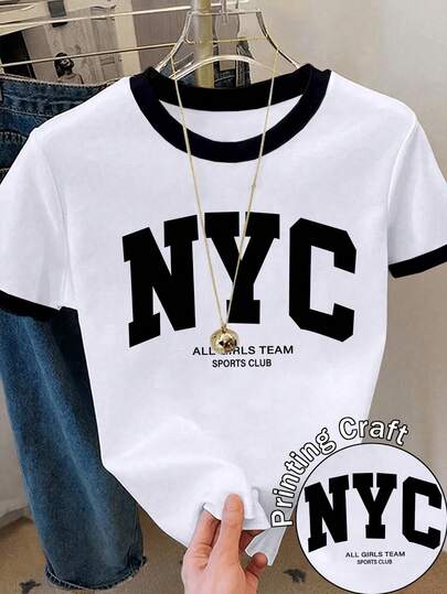 Resyla Women's Casual Daily Commute Fashion Street Letter Print Contrast Binding Short Sleeve T-Shirt, Summer