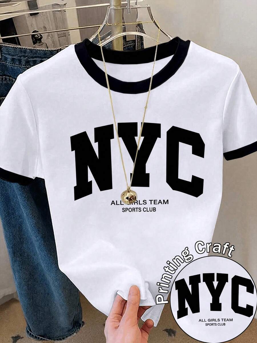 Resyla 女士休闲日常通勤时尚街头字母印花撞色包边短袖T恤，夏季 - 彩色 - 查看 1