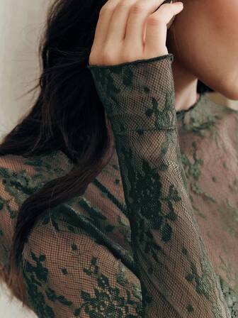 Anewsta Elegante blouse met doorschijnende kanten details en duimgaten voor dames, geschikt voor feestelijke outfits