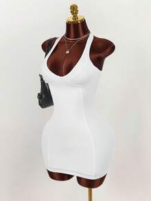 Amplova Women's White Deep V-Neck Backless Mini Bodycon Dress,Summer Y2K Heart-Shaped Bust Sleeveless Racerback Club Bandage Dress Built In Bra Outfit - White - View 4