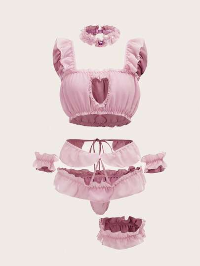 Kawaii Conjunto de lencería con gatito, que incluye gargantilla, tobillos y 2 accesorios para las muñecas, conjunto de ropa interior sexy