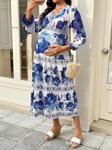 SHEIN Maternity Floral Print Lantern Sleeve Ruffle Hem Dress For Vacation,Maternity Clothes - Blue - View 3