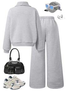 Tween Girls Casual 2 Pieces Set, New York Letter Pattern Hoodie And Shorts, Warm Campus Outfit, Suitable For Daily Wear, Spring/Autumn/Winter - Grey - View 2