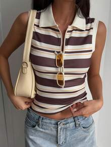 DAZY Women's Casual Striped Collar Zip-Up Top Y2k - Brown - View 6