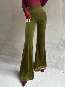 Firerie Women's New Elegant Casual Everyday Commute Fashion Versatile High Waist Slim Fit Velvet Flare Pants, Wine Red, Suitable For Autumn/Winter, Airport, Teacher, Office, Cozy Fall, Christmas, New Year - Army Green - View 1