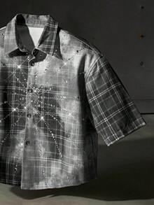 NEON BLANC Áo sơ mi denim tay ngắn, đơn hàng khuy đơn, họa tiết kẻ caro đính đá cho nam - màu đen - Xem 4