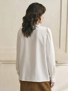 Cévolie 女士优雅法式风格拼接镂空刺绣荷叶边长袖衬衫，秋季 - 白色 - 查看 2