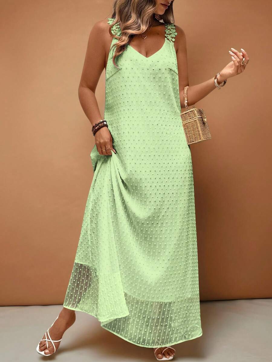 Breezaya Gaun Liburan Wanita Ukuran Besar dengan Hiasan Renda Warna Polos Gaya Prancis - Mint Green - View 1