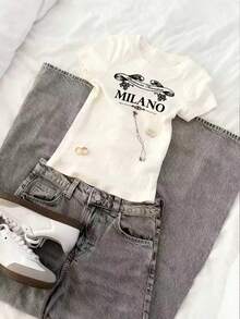 Noixe Women's Casual Letter Print Short Sleeve T-Shirt, Summer - White - View 3