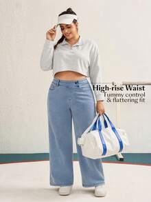 SHEIN Unity Celana Jeans Wanita Ukuran Besar Kasual untuk Liburan, Warna Biru Muda, Bahan Rajut Lembut, Tidak Melar, Potongan Lurus - Light Wash - View 4