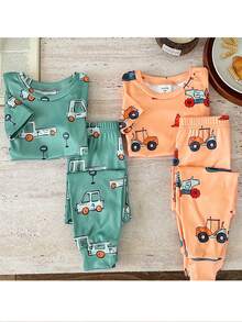 4 buc/set pijamale pentru băieți, model de mașină cu desene animate, tricotate, casual, cu guler rotund, tricou și colanți