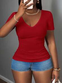 Slaydiva 2025 New Plus Size Women Casual Basic Racerback Sleeveless Deep V-Neck Ribbed White T-Shirt - Red - View 6