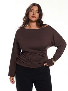 Solavibe Plus Size Women's Brown Knitted Batwing Sleeve Boat Neck Top,Autumn Smart Casual Solid Color Minimalist Long Sleeve Everyday Casual Wear Curve Top - Brown - View 5