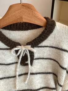 Resyla Women's Tie Collar Striped Drop Shoulder Long Sleeve Casual Sweater, Autumn/Winter