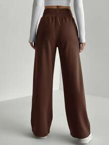 SHEIN Tall 女士休闲棕色针织阔腿运动裤，长款纯色，带实用口袋，高腰设计 - 棕色 - 查看 3