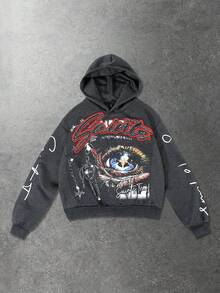 ROMWE MEN Street Life 男士连帽卫衣，休闲街头风，流行美式眼睛图案印花短款连帽衫，秋冬款 - 深灰色 - 查看 3