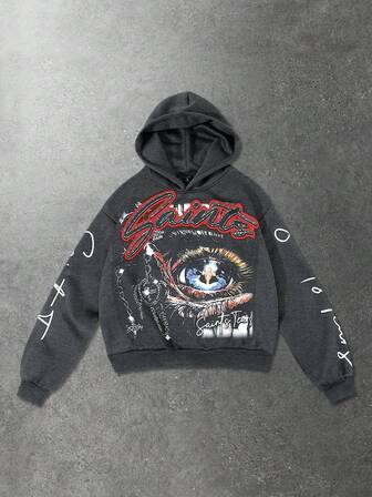 Street Life Felpa con cappuccio da uomo, stile casual da strada, popolare stampa grafica occhio americano su felpa corta, autunno/inverno