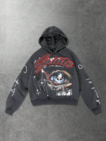 Street Life Sudadera con capucha para hombre, estilo casual de calle, sudadera corta con estampado gráfico popular de ojo americano, otoño/invierno