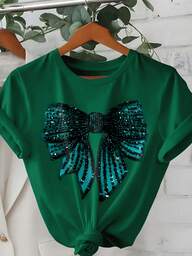 DrmWander Plus Size Women Bow Print Round Neck Short Sleeve Casual Versatile T-Shirt