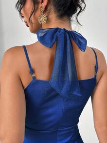 Modelyn 女士领结收腰荷叶边纯色吊带背心连衣裙 - 藍色 - 查看 11