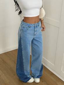 SHEIN PETITE Women's Casual Washed Color Block Distressed Flared Jeans, Winter Party Christmas New Year Two-Tone Denim Patchwork Design