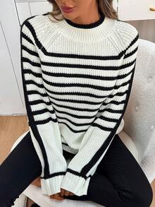 EMERY ROSE Black Striped Patchwork Crew Neck Sweater, Autumn/Winter - Black and White - View 3