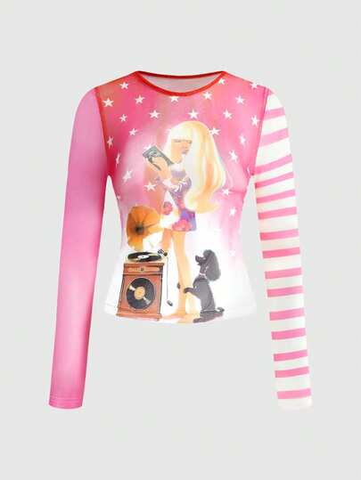 Kawaii Camiseta de malla con estampado de rayas y teñido anudado de cachorrito lindo Y2K para mujeres