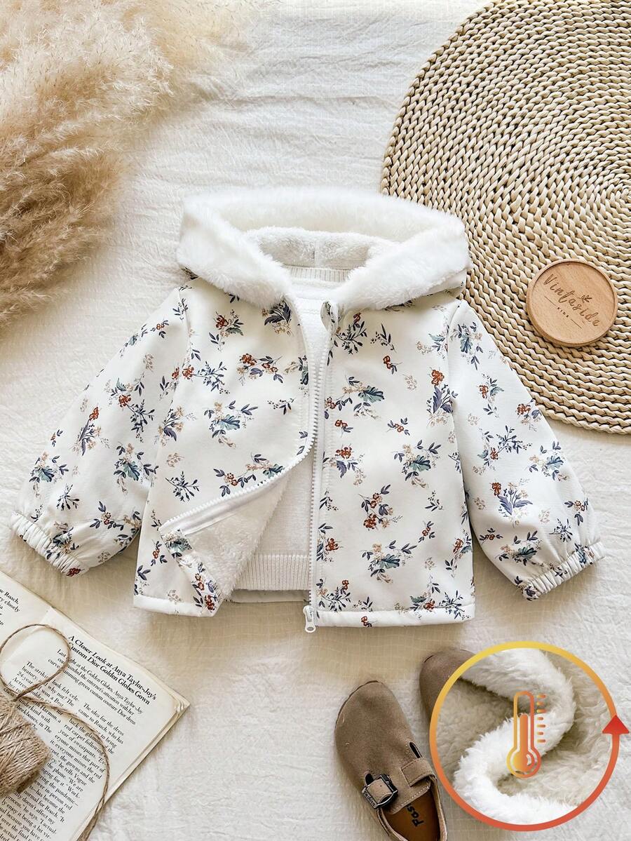 SHEIN Vintaside Kids Baby Girl Floral Print Zip-Up Hooded Padded Warm Coat, Fashionable And Stylish For Winter