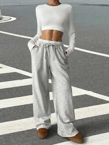 SHEIN EZwear Contrast Color Waistband Drawstring Pockets Casual Wide Leg Baggy Sweatpants - Grey - View 6