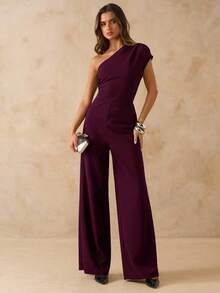 SHEIN BAE 黑色不对称单肩修身阔腿连体裤，优雅百搭，适合日常、约会、派对等场合，单肩不对称连体裤 - 紫紅色 - 查看 4