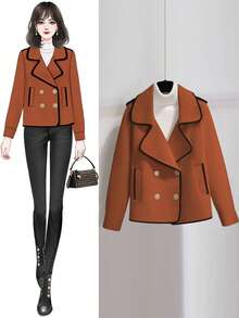 SHEIN LUNE Women's Fashionable Elegant Contrast Color Trim Double-Breasted Overcoat - Orange - View 1