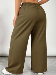 SHEIN VCAY 大码纯色褶裥口袋休闲阔腿裤 - 卡其色 - 查看 2