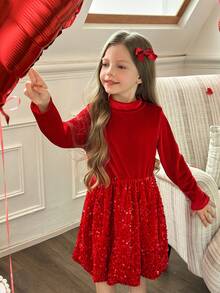 Young Girls Long Sleeve Fitted Sequin Patchwork Party Dress - Burgundy - View 2