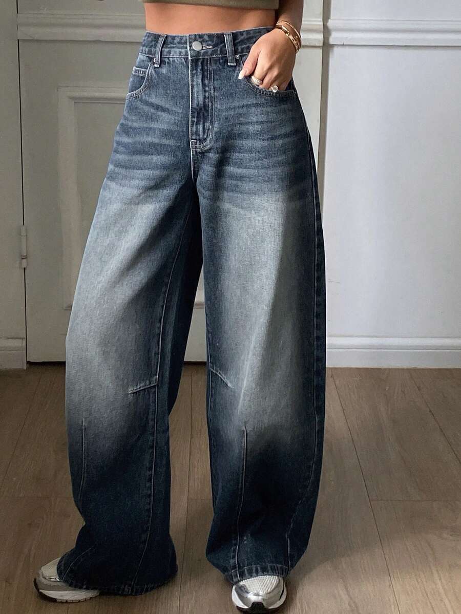 DAZY Quần jeans nữ dáng suông ống loe, cạp trung bình, kiểu dáng thường ngày. - Rửa trung bình - Xem 1