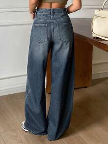 DAZY Quần jeans nữ dáng suông ống loe, cạp trung bình, kiểu dáng thường ngày. - Rửa trung bình - Xem 6