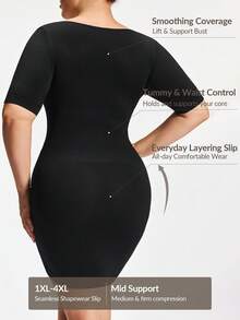 SHAPORA Women's Seamless Short Sleeve Tummy Control Bodycon Dress, Can Be Worn As Plus Size Shapewear Slip Dress, Basic Shaping Skirt For Everyday Wear, Commuting And Home - Black - View 2