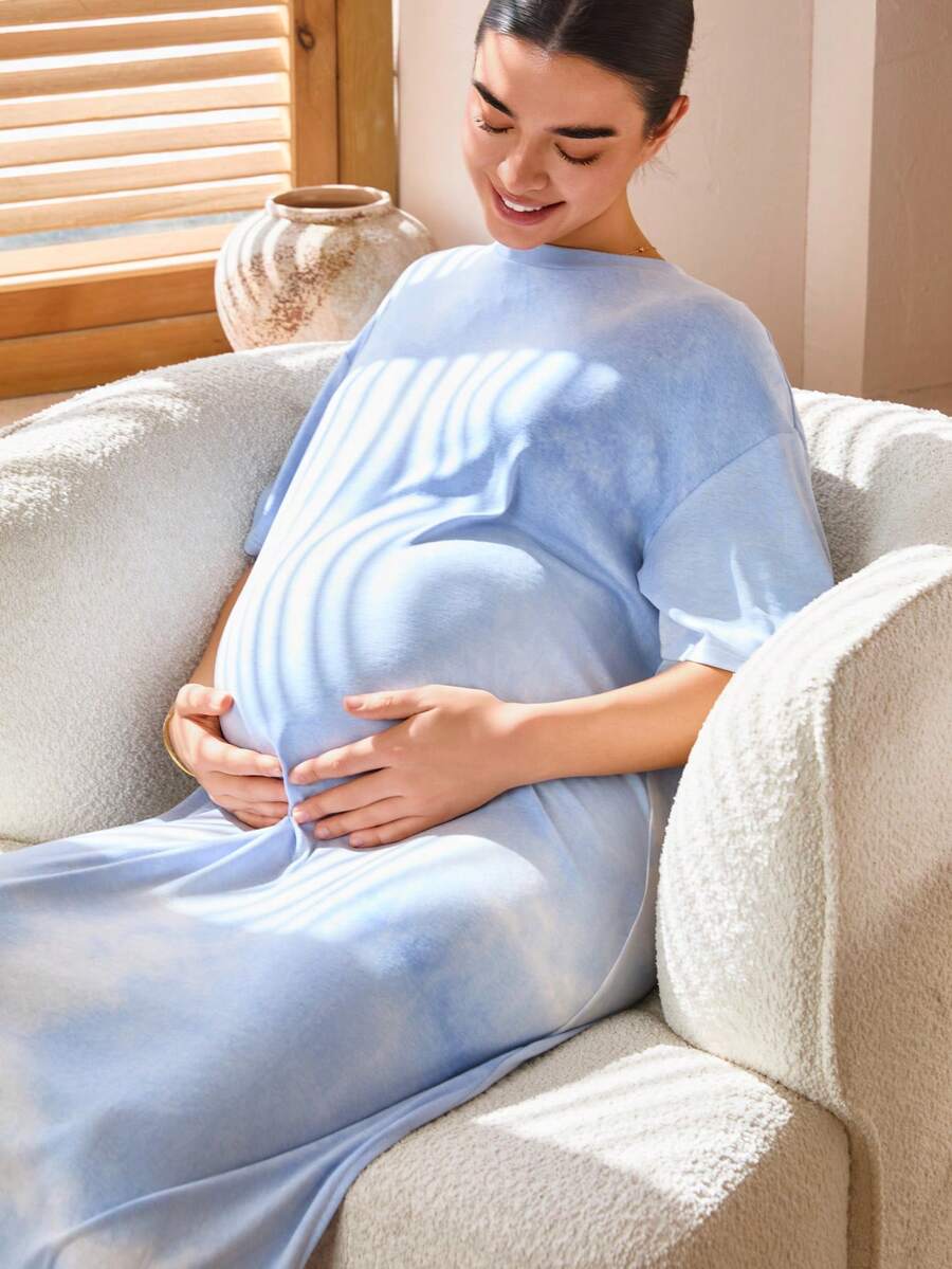 SHEIN Tie-Dye Drop Shoulder Casual Maternity Dress Lingerie Lingerie Set Underwear Women Pajama Pajama Dress Loungewear Nightgown Robe Sleepwear Sleepwear Set Tank Top With Bra Maternity Gown Baby Blue Maternity Dress Pregnant Dress Gender Reveal Maternity Dress Sleep Wear Women Maternity Clothes Maternity Wear Sleepwear Women - Blue - View 1