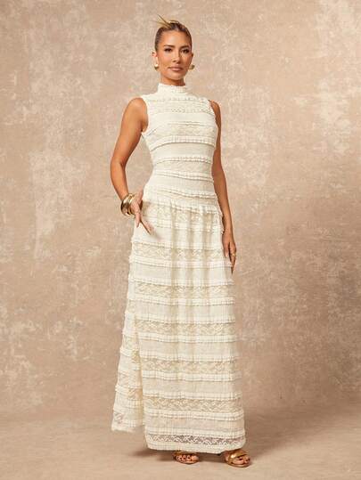 Lumalex 女士美人鱼连衣裙，荷叶边高领，收腰设计，超大喇叭裙摆