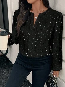 EMERY ROSE Elegante e romantica camicetta da donna con stampa a pois vintage, adatta per l'autunno/inverno, top nero, ideale per San Valentino e occasioni di festa in primavera