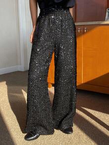 Livesso Shiny Sequin Black Straight Leg Casual Pants, Elegant For New Year, Christmas, Wedding, Party, Fashion Events Carnival - Black - View 2