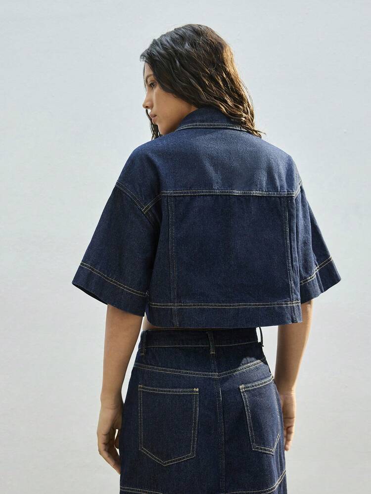 SHEIN Maija Top en jean bleu foncé pour femmes, chemise en jean à manches courtes, Top d'été, style décontracté preppy