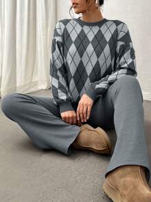 EURMUSE Women Diamond Pattern Round Neck Drop Shoulder Pullover & Sweater Pants Set,Co Ord,Winter Clothes - Multicolor - View 1