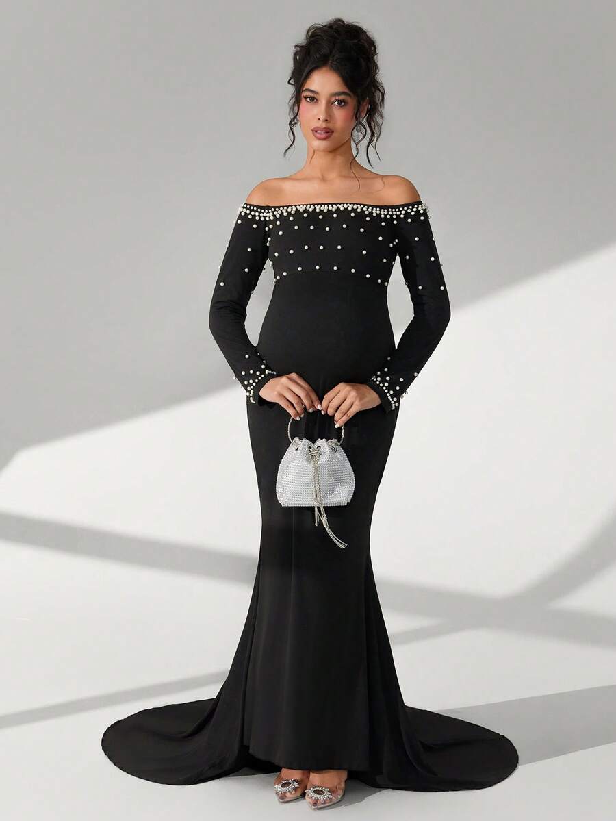 Cheriluna Maternity فستان أنيق للنساء بأكمام طويلة وياقة مكشوفة الكتف مزين باللؤلؤ - الأسود - مشاهدة 1